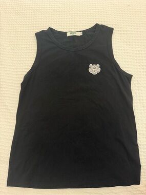 Kenzo Black Tank Top with Small White Tiger Patch